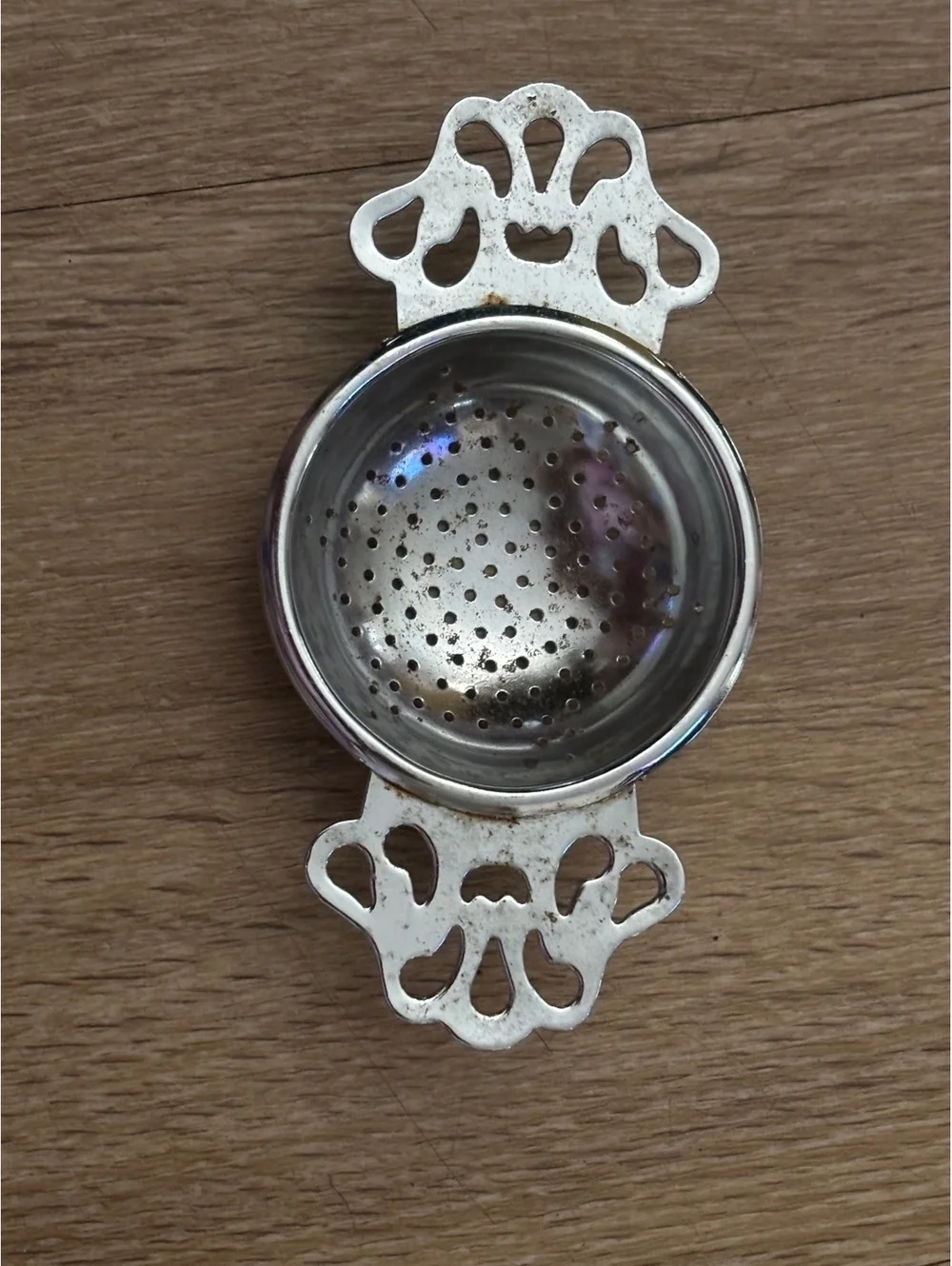 MCM Japan Metal Tea Strainer Ornate Pierced Handles D105